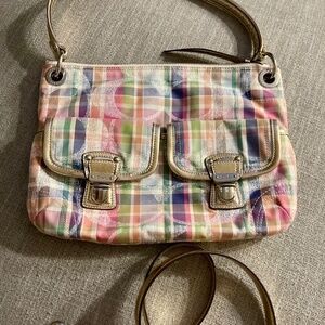 Coach Poppy Signature Madras Plaid Sequined Hippie Crossbody Hobo Purse